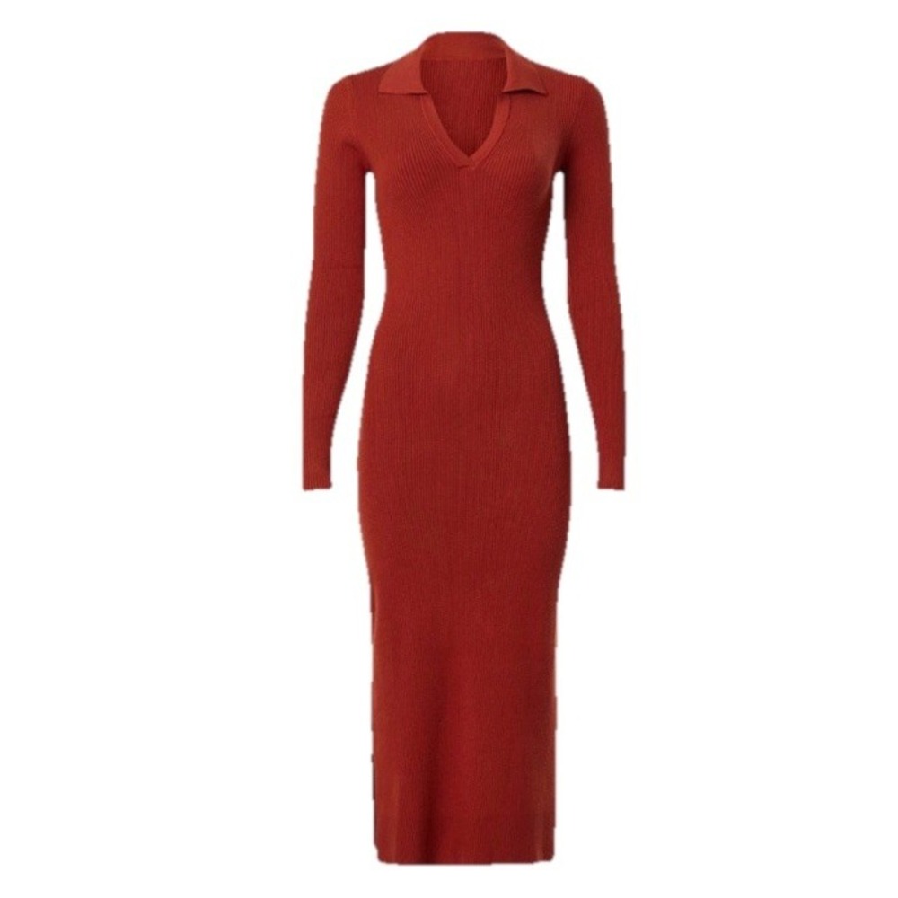 Marine Layer Lexi Ribbed Knit Long Sleeve Polo Midi Dress Women's XL Burnt Henna